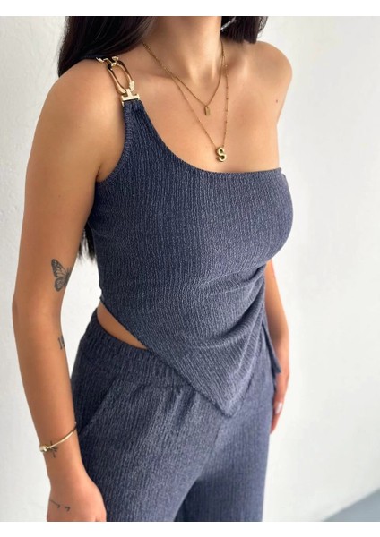 Asimetrik Crop Pantalon Ikili Takım - Lacivert