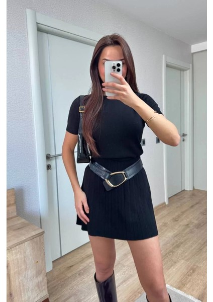 Kısa Kollu Bluz Mini Etekli Ikili Takım Triko - Siyah