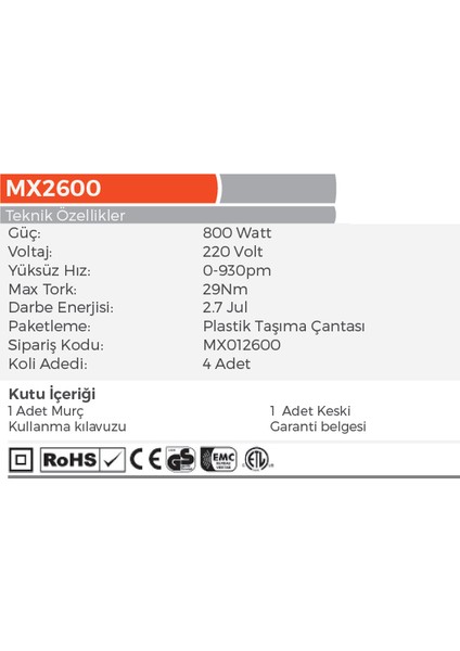 Max Extra MX2601 Elektrikli Sds Plus Kırıcı Delici 790 Watt - 2.7 Jul fiyatları