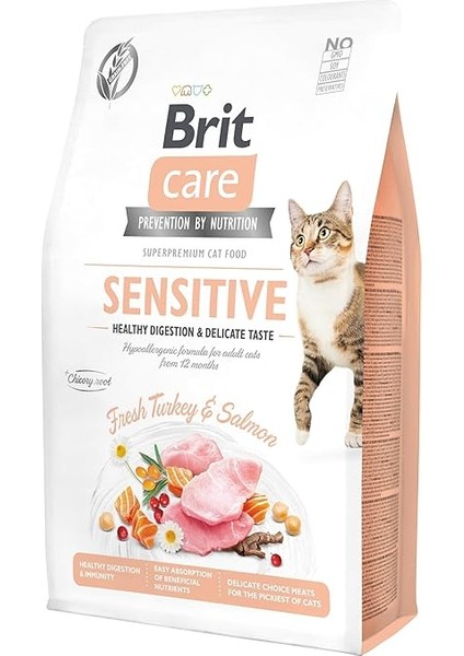 Brit Care Sensitive Healthy Digestion & Delicate Taste, Yetişkin Hassas Kediler Için, Tahılsız, Hipoalerjenik, Taze Hindi Etli ve Somonlu Kuru Mama, 2 kg