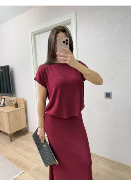Bisiklet Yaka Bluz Uzun Etekli Ikili Takım Triko - Bordo