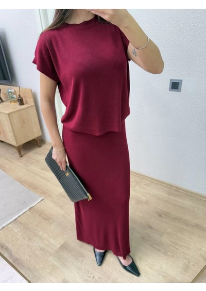 Bisiklet Yaka Bluz Uzun Etekli Ikili Takım Triko - Bordo