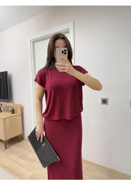 Bisiklet Yaka Bluz Uzun Etekli Ikili Takım Triko - Bordo