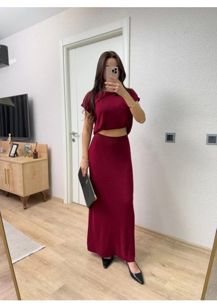 Bisiklet Yaka Bluz Uzun Etekli Ikili Takım Triko - Bordo