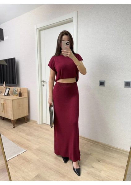 Bisiklet Yaka Bluz Uzun Etekli Ikili Takım Triko - Bordo