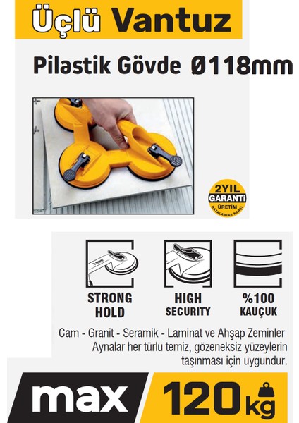 SGS946 - 120 kg Üçlü Plastik Gövde Cam Seramik Fayans Ahşap Tutma Taşıma Vantuzu 12CM + 12CM + 12CM fiyatları