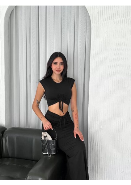 Osy Modal Yumuşak Dokulu Kumaş Büzgülü Crop Etek Takım - Siyah