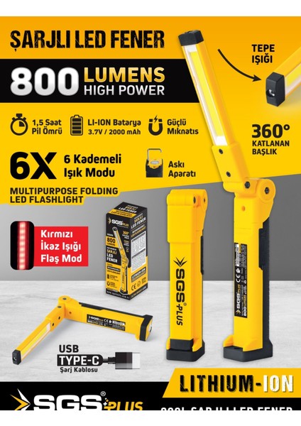 SGS5056 Şarjlı LED Fener 800 Lümen Katlanır 3.7 Volt/ 2000 Mah fiyatları