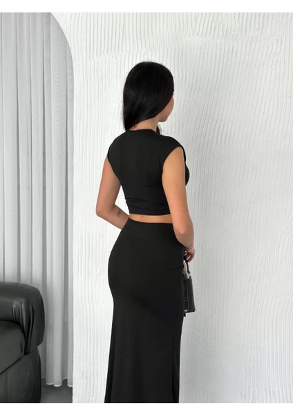 Osy Modal Yumuşak Dokulu Kumaş Büzgülü Crop Etek Takım - Siyah