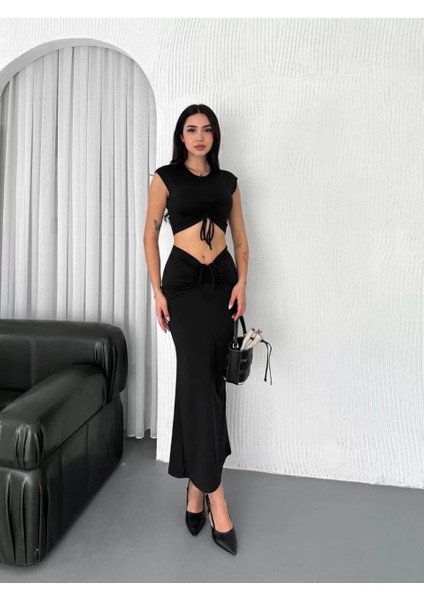 Osy Modal Yumuşak Dokulu Kumaş Büzgülü Crop Etek Takım - Siyah