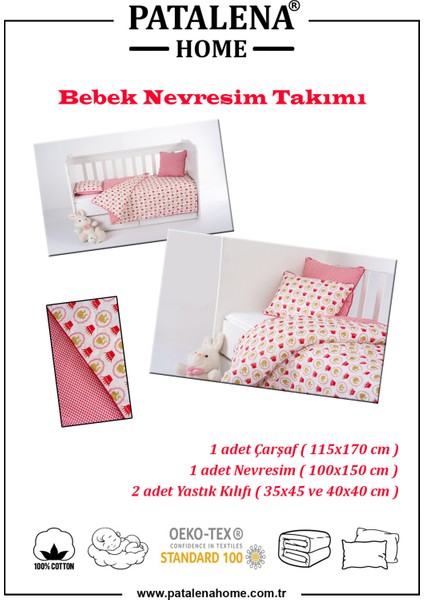 Pamuk, 4 Parça Bebek Nevresim Takımı (Nevresim, Çarşaf, 2 Yastık Kılıfı), 100X150 cm