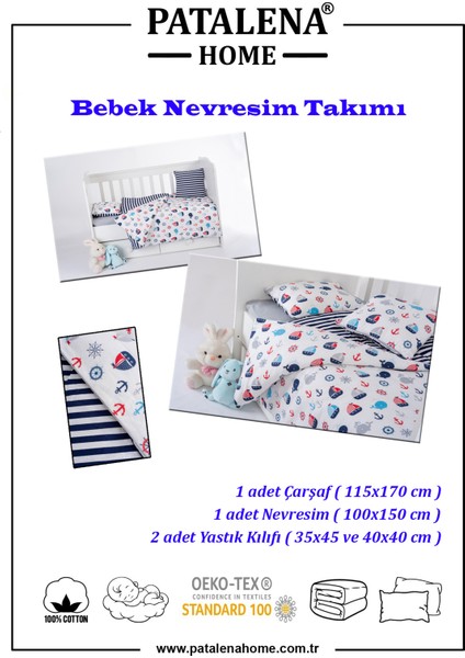 Pamuk, %100 Pamuk, 4 Parça Bebek Nevresim Takımı (Nevresim, Çarşaf, 2 Yastık Kılıfı), 100X150 cm