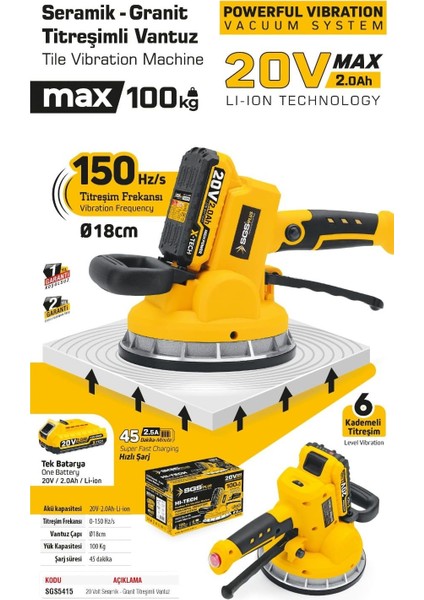 SGS5415 - 20 Volt 2 Amper Akülü Titreşimli Vantuz Seramik Granit Mermer Kiremit Döşeme Makinesi fiyatları