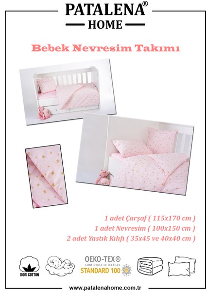 Pamuk, %100 Pamuk, 4 Parça Bebek Nevresim Takımı (Nevresim, Çarşaf, 2 Yastık Kılıfı), 100X150 cm