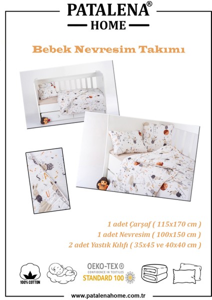 Pamuk, 4 Parça Bebek Nevresim Takımı (Nevresim, Çarşaf, 2 Yastık Kılıfı), 100X150 cm