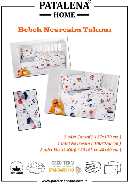 Pamuk, 4 Parça Bebek Nevresim Takımı (Nevresim, Çarşaf, 2 Yastık Kılıfı), 100X150 cm