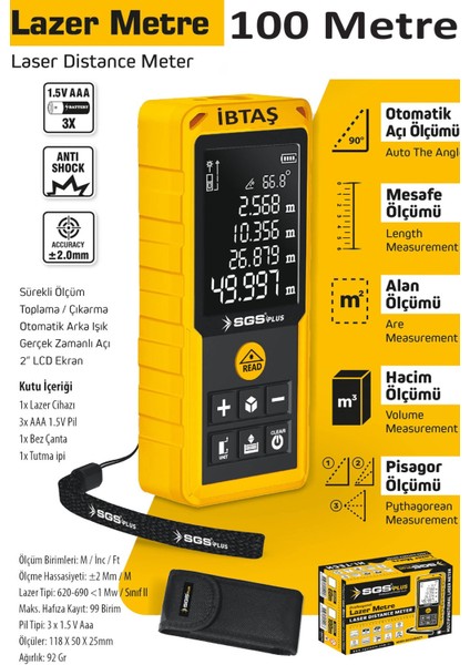SGS5426 - 100 Metre Lazer Metre Mesafe Ölçer - Pisagor - Alan - Hacim - Mesafe - Otomatik Alçı Ölçümü fiyatları