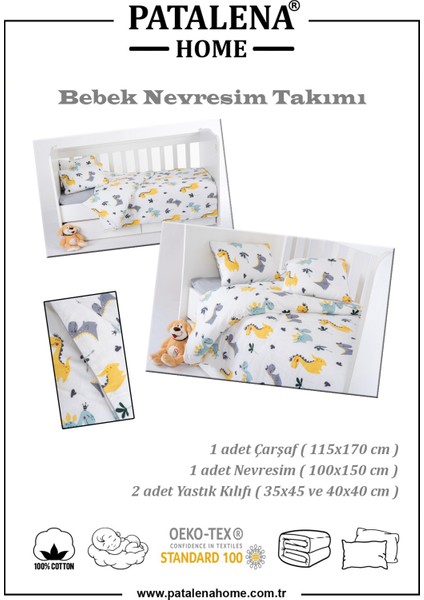 Pamuk, %100 Pamuk, 4 Parça Bebek Nevresim Takımı (Nevresim, Çarşaf, 2 Yastık Kılıfı), 100X150 cm