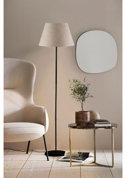 Tek Ayaklı Lambader Siyah Metal Abajur Bej Başlık 7305