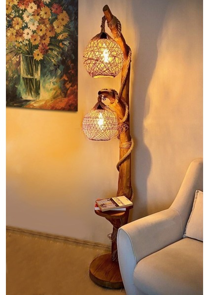 Lambader Kahverengi Doğal Ağaç Yalıkavak Serisi Çift Küre Aydınlatma 140 cm