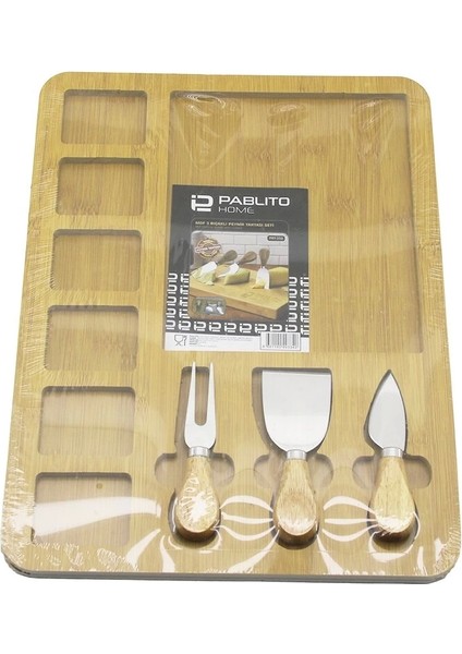 Dikdörtgen 6+1 Bölmeli Mdf Kahvaltı Peynir Sunum Panosu 3 Bıçak=ahşap Sap 30X39.5CM