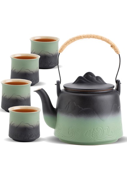 Japon Çay Seti 4 Çay Fincanı, Kabartmalı Seramik Çaydanlık ve Dahili Süzgeç