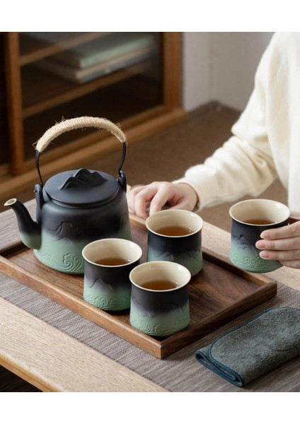 Japon Çay Seti 4 Çay Fincanı, Kabartmalı Seramik Çaydanlık ve Dahili Süzgeç