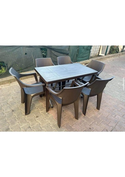 Luxury 6 Adet Acı Kahve Rattan Efektli Plastik Kollu Sandalye 70X120 Plastik Katlanır Metal Ayak Sandalye 1 Adet