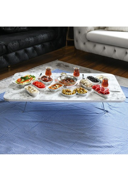 Luxury 60 x 100 cm Beyaz Mermer Desenli Yer Sofrası Kamp Yemek Masası Katlanır Sofra 1 Adet
