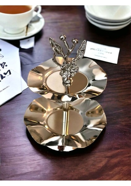 Luxury Iki Katlı Japon Gülü Sunumluk & Lokumluk & Çerezlik Iftar Sofrası Sunum Hurmalık Vb. 1 Adet