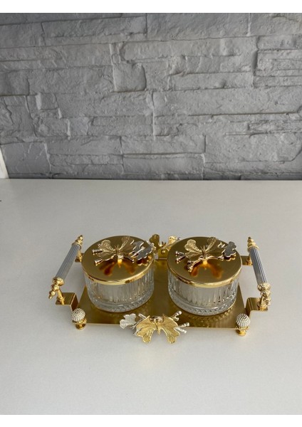 Luxury Gold Kelebekli 2li Tepsili Kase Sunumluk/çerezlik Altın 26X16X9 cm 1 Adet indirimleri