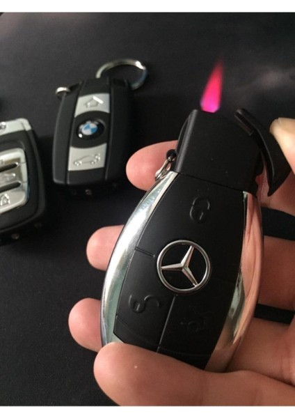 Luxury Mercedes Logolu Araba Kumandası Figürlü Işıklı Kırmızı Alevli Turbo Çakmak Anahtarlık 1 Adet