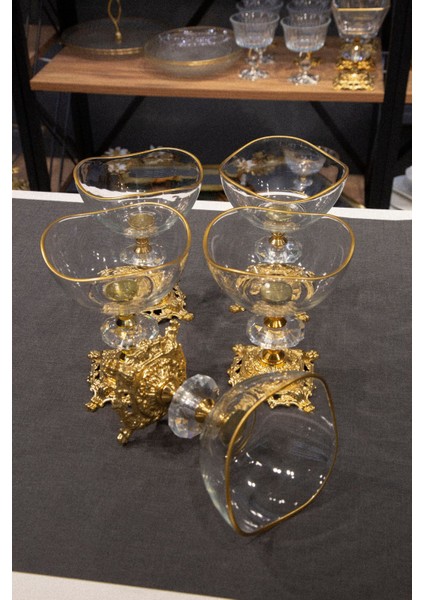 Luxury Metal Ayaklı Vira Gold Detaylı Sütlü Tatlı Kasesi - Dondurmalık - Çerezlik 6 Lı 1 Adet