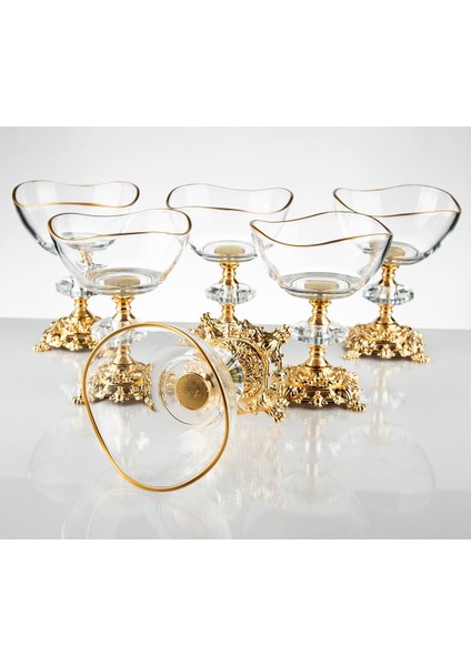 Luxury Metal Ayaklı Vira Gold Detaylı Sütlü Tatlı Kasesi - Dondurmalık - Çerezlik 6 Lı 1 Adet modelleri
