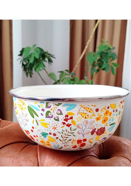 Luxury Çiçek Demeti Vintage Emaye Karıştırma Yoğurma Salata Kabı 24 cm Çap 1 Adet