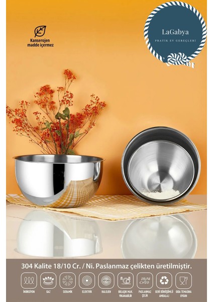 Luxury 2'li Paslanmaz Çelik Karıştırma Kabı Popcorn ve Salata Kasesi Çelik Servis Kabı 25CM-13LT 1 Adet