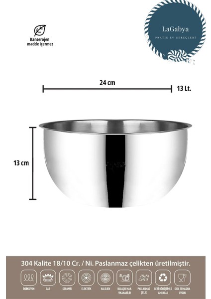 Luxury 2'li Paslanmaz Çelik Karıştırma Kabı Popcorn ve Salata Kasesi Çelik Servis Kabı 25CM-13LT 1 Adet