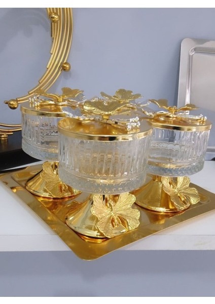 Luxury Kare Tepsili Ayakli Cam 4 Lü Sekerlik Cerezlik Kapakli Gold Tepsili 1 Adet