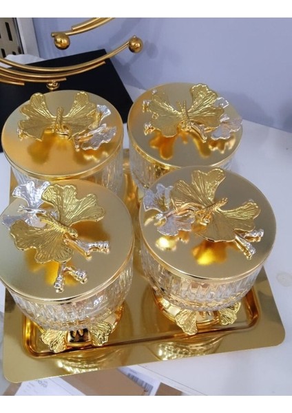 Luxury Kare Tepsili Ayakli Cam 4 Lü Sekerlik Cerezlik Kapakli Gold Tepsili 1 Adet fiyatları