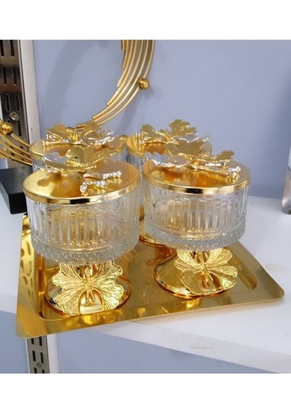 Luxury Kare Tepsili Ayakli Cam 4 Lü Sekerlik Cerezlik Kapakli Gold Tepsili 1 Adet modelleri