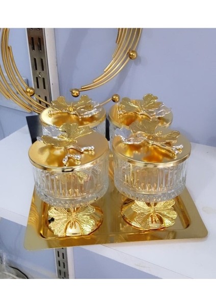 Luxury Kare Tepsili Ayakli Cam 4 Lü Sekerlik Cerezlik Kapakli Gold Tepsili 1 Adet fırsatları