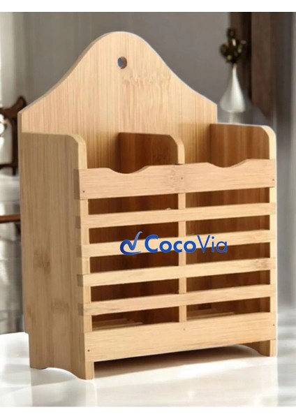 Luxury Dekoratif Iki Bölmeli Ahşap Kaşıklık - Şık Tezgah Üstü Askılı Kaşıklık-Mutfak Düzenleyici Organizer 1 Adet