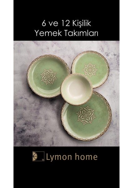 Luxury Tinta Rome 500 cc 15 cm 6 Parça Günlük Sade Açık Yeşil Renkli Desenli 6lı Porselen Çorba Kasesi Seti 1 Adet