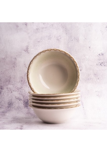 Luxury Tinta Rome 500 cc 15 cm 6 Parça Günlük Sade Açık Yeşil Renkli Desenli 6lı Porselen Çorba Kasesi Seti 1 Adet