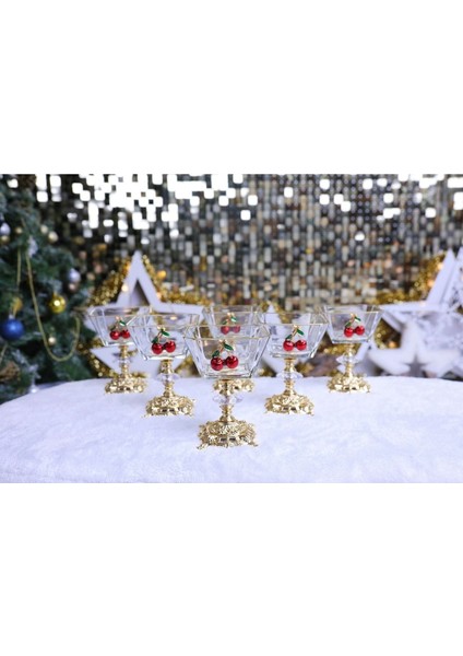 Luxury 6 Lı Kiraz Detaylı Gold Metal Ayaklı Cup Magnolia Dondurmalık Tatlı Sunumluk Kase Yılbaşı Özel 1 Adet