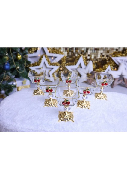 Luxury 6 Lı Kiraz Detaylı Gold Metal Ayaklı Cup Magnolia Dondurmalık Tatlı Sunumluk Kase Yılbaşı Özel 1 Adet fiyatları
