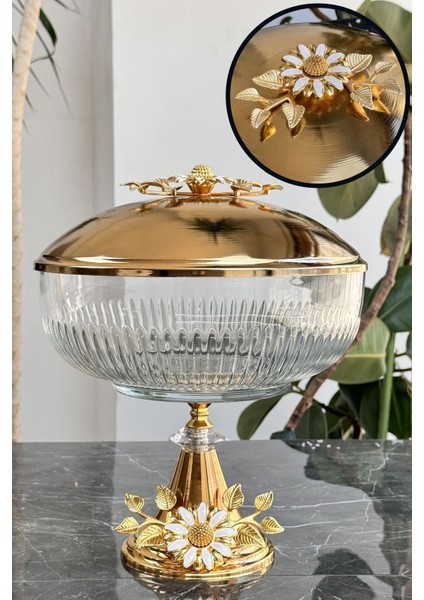 Luxury Metal Kapaklı Kand Ayaklı Sunumluk Sofra Kasesi (Gold Papatya Serisi) 1 Adet