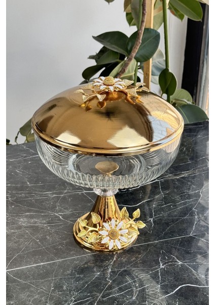 Luxury Metal Kapaklı Kand Ayaklı Sunumluk Sofra Kasesi (Gold Papatya Serisi) 1 Adet