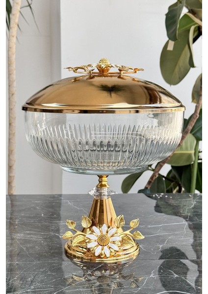 Luxury Metal Kapaklı Kand Ayaklı Sunumluk Sofra Kasesi (Gold Papatya Serisi) 1 Adet