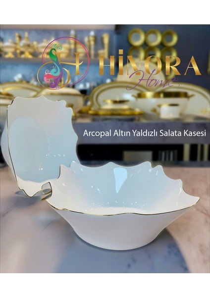 Luxury Arcopal Altın Yaldızlı Beyaz Şık Salata Kasesi 21X21X8 cm Makinada Yıkanabilir Dayanıklı Cam Arcopal 1 Adet